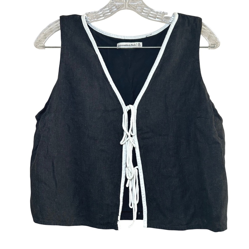 Abercrombie & Fitch Womens Black Linen Blend Front Tie Vest Top Size M Contrast